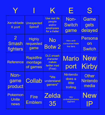 Nintendo E3 Bingo Card