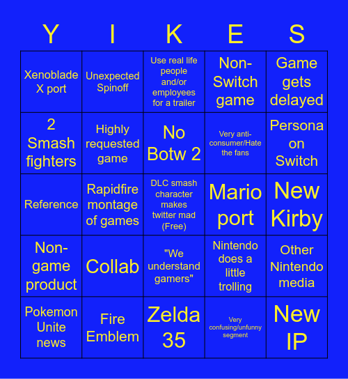 Nintendo E3 Bingo Card