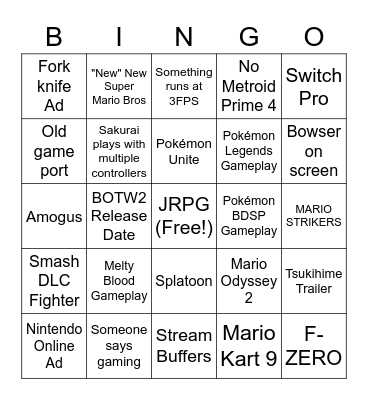 Nintendo E3 Bingo Card