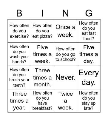 How often do you exercise? Bingo Card