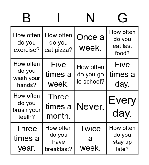 How often do you exercise? Bingo Card