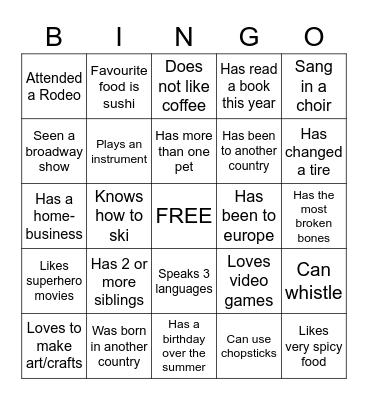 Getting to Know You Bingo Card