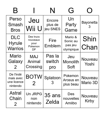 Nintendo Direct Bingo Card