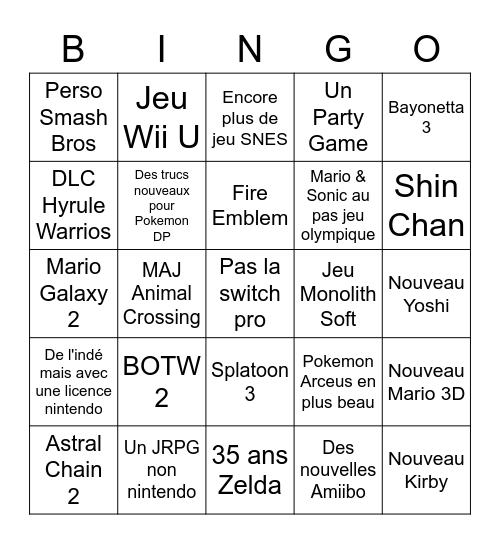 Nintendo Direct Bingo Card