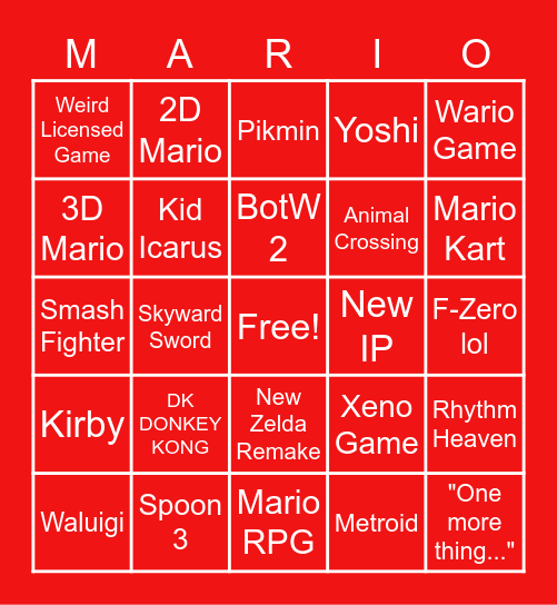 Nintendo E3 BINGO Card