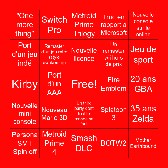 Nintendo Direct Bingo Card