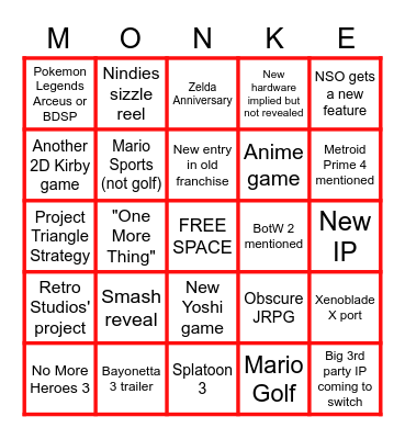 Nintendo E3 Bingo Card