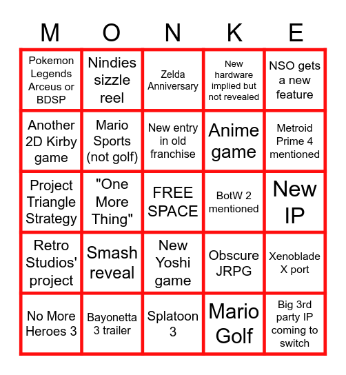 Nintendo E3 Bingo Card