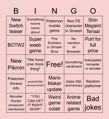 Nintendo E3 Bingo Card