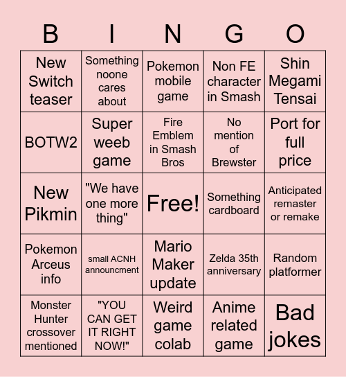 Nintendo E3 Bingo Card