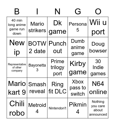 Nintendo 2021 E3 Bingo Card