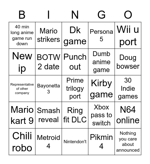 Nintendo 2021 E3 Bingo Card