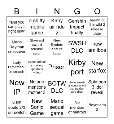 Nintendo E3 Bingle Bingo Card