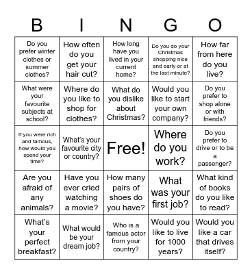 5Ws Bingo Card