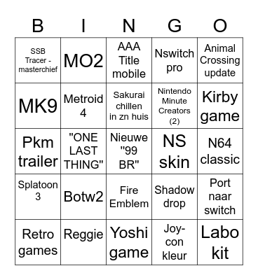 Nintendo Direct E3 Bingo Card