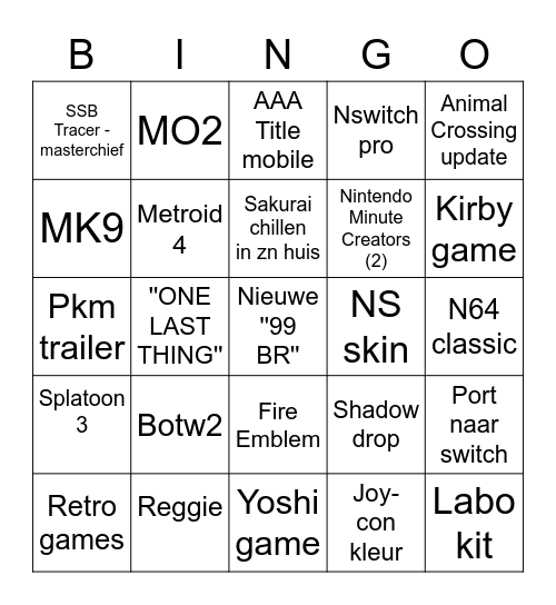 Nintendo Direct E3 Bingo Card