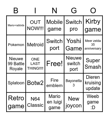 Nintendo direct Bingo Card