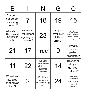 Getting to Know You - 5Ws English Bingo Card