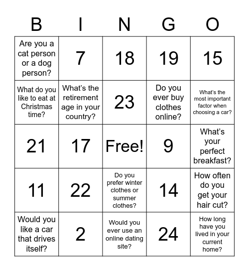 Getting to Know You - 5Ws English Bingo Card