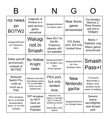 Shiny's Nintendo E3 bingo Card