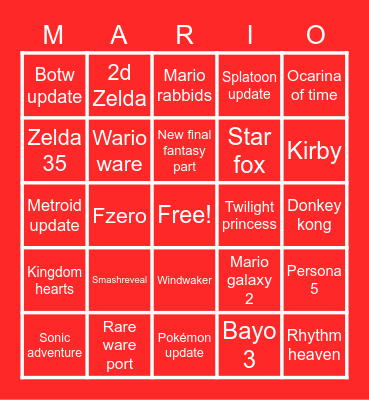 Nintendo E3 Bingo Card