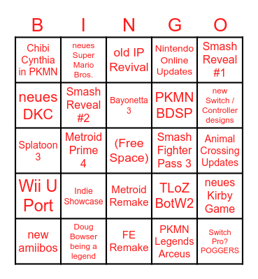 Nintendo E3 Bingo Card