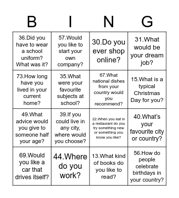 Getting to Know You - 5Ws Bingo Card