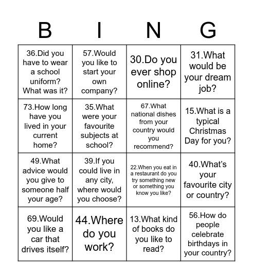 Getting to Know You - 5Ws Bingo Card