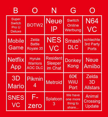 Nintendo E3 Bingo Card