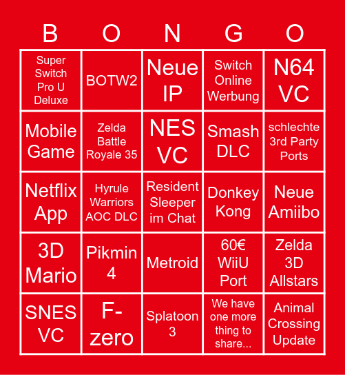 Nintendo E3 Bingo Card