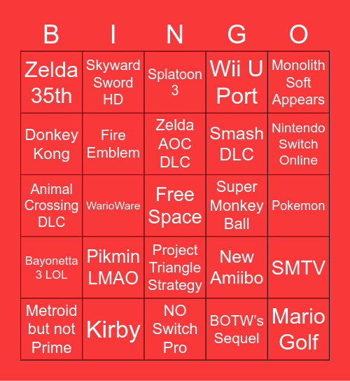 Nintendo Direct Bingo Card