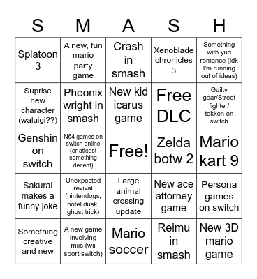 Nintendo E3, what i want Bingo Card