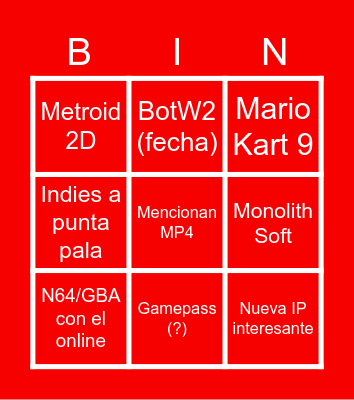 Nintendo E3 BIEN Bingo Card