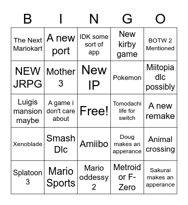 Nintendo Direct Bingo Card