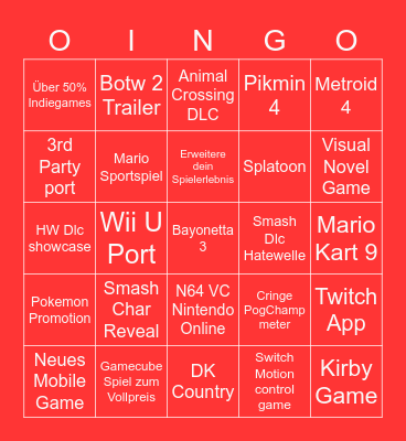 E3 Nintendo Direct Bingo Card