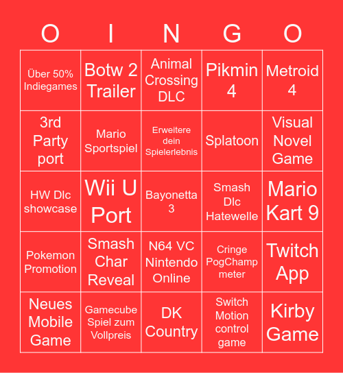 E3 Nintendo Direct Bingo Card