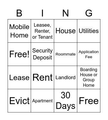 Housing Bingo Card