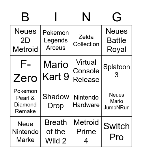 Nintendo Direct Bingo Card