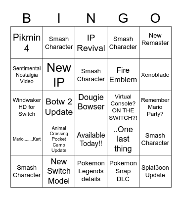 Nintendo E3 Bingo Card