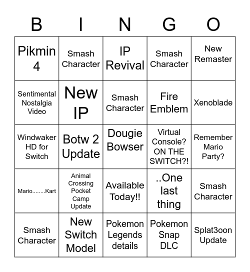 Nintendo E3 Bingo Card