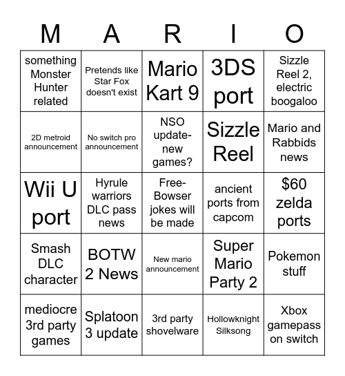 Nintendo 2021 E3 Bingo Card