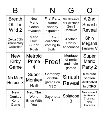 Nintendo E3 Direct Bingo Card