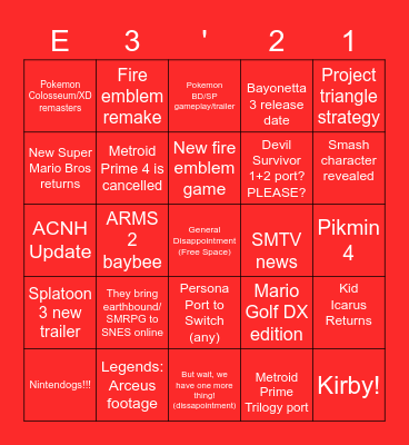 Nintendo @ E3 2021 Bingo Card