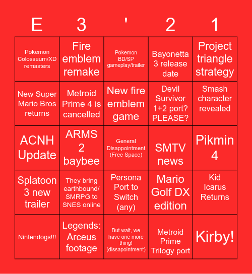 Nintendo @ E3 2021 Bingo Card