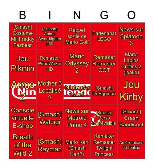 Bingo E3 Nintendo 2021 Bingo Card