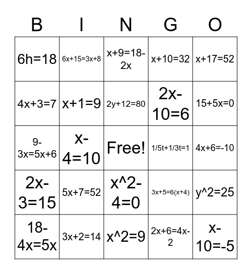 Math Bingo for Middle School Bingo Card