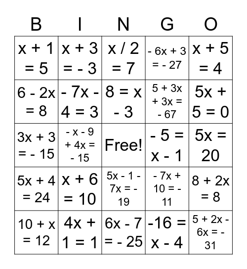 Álgebra Bingo Card