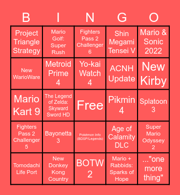 Nintendo Direct E3 2021 Bingo Card