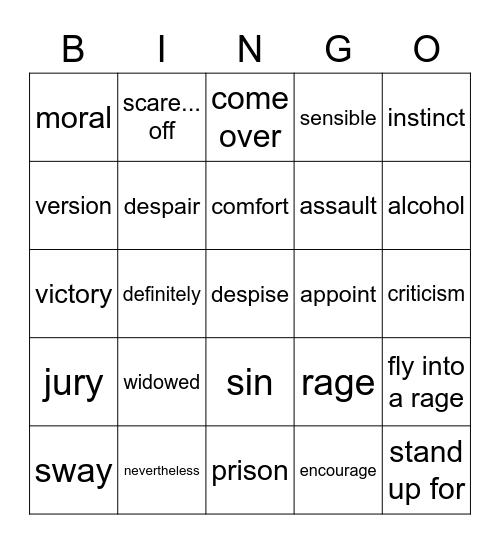 B4L9 vocabulary Bingo Card