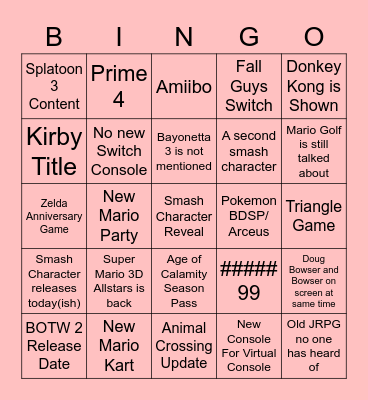 Nintendo E3 2021 Bingo Card